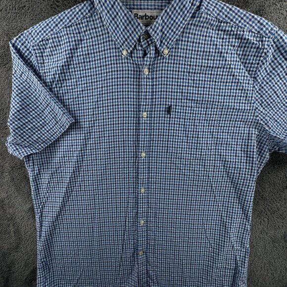 Barbour Short Sleeve Button Up Shirt Blue Check Tailored Fit Large US W/ Logo - Picture 2 of 10